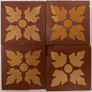 Yellow 4 petal encaustic 2" tile red background stock code 2201